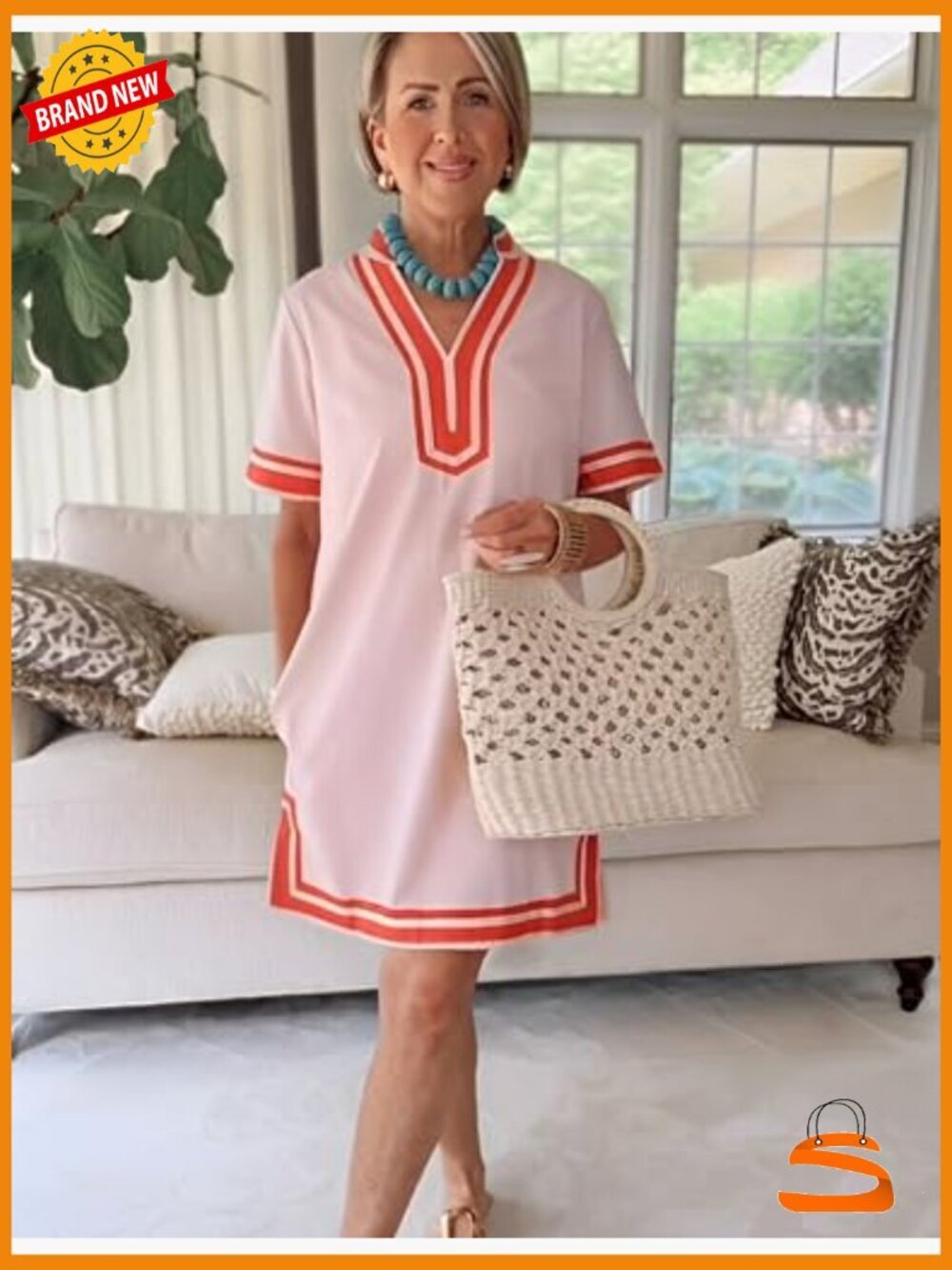 Linen Color Block Shift Dress with Pockets Swimsuit Coverup V-Neck Short Sleeve - Picture 6 of 6